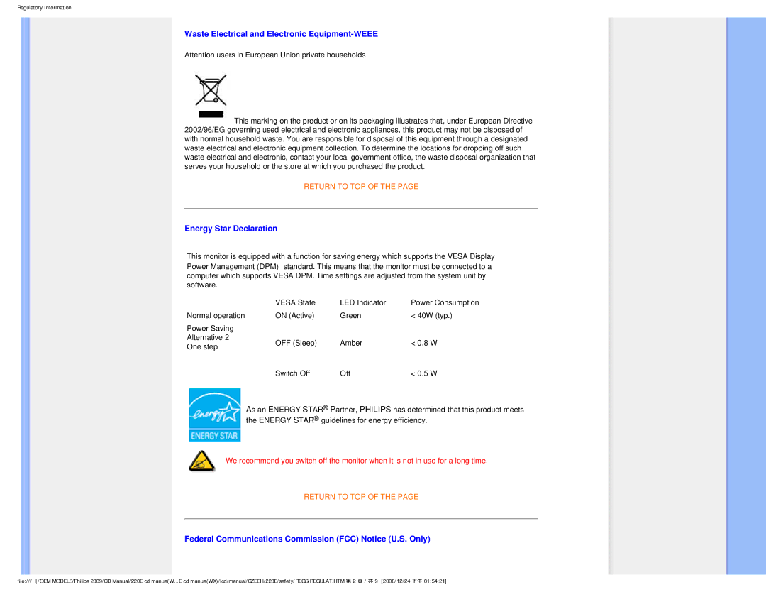 Philips 220E user manual Waste Electrical and Electronic Equipment-WEEE 