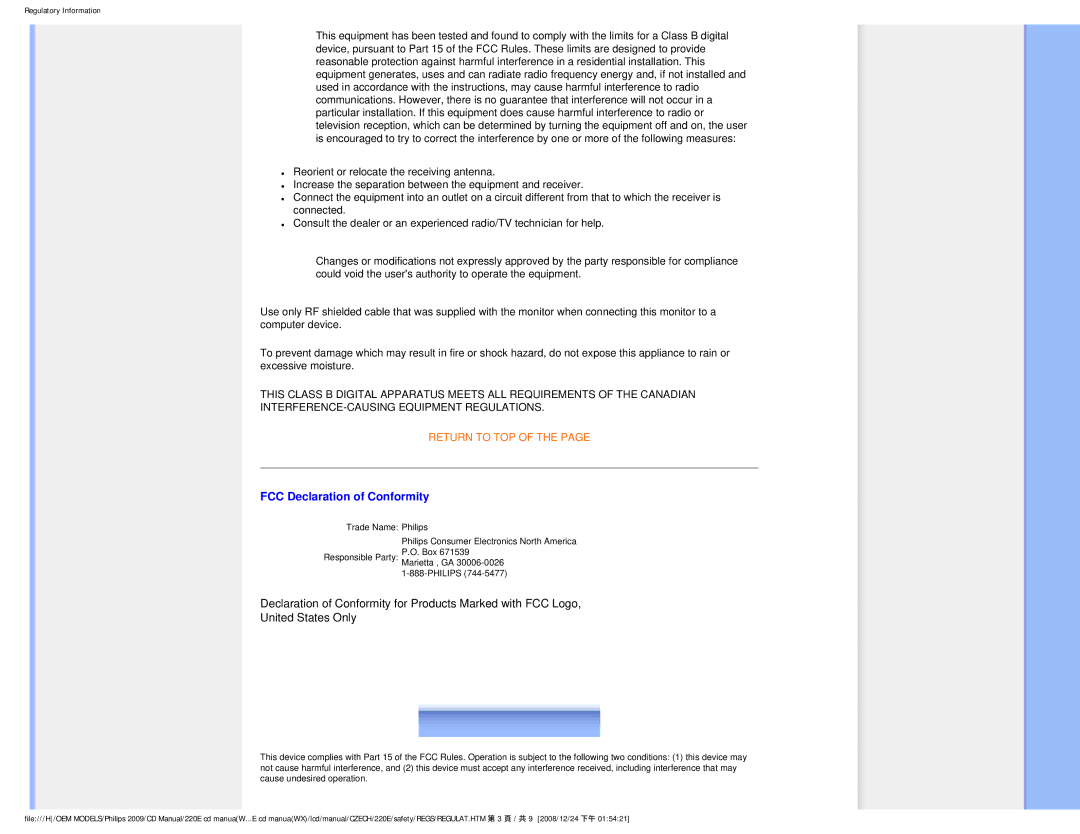 Philips 220E user manual FCC Declaration of Conformity 