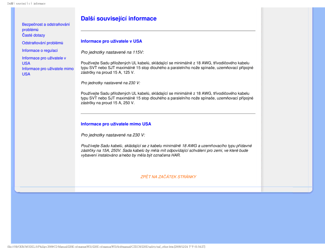Philips 220E user manual Další související informace, Informace pro uživatele v USA, Informace pro uživatele mimo USA, Usa 