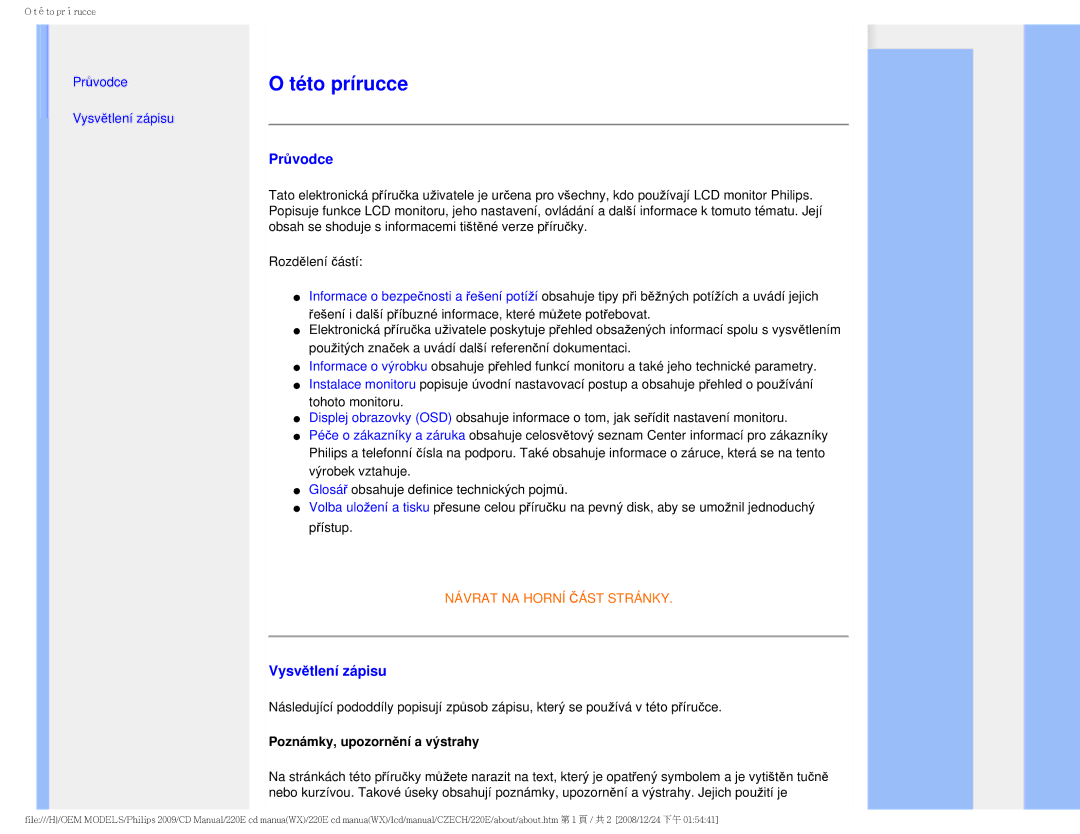 Philips 220E user manual Průvodce, Vysvětlení zápisu, Poznámky, upozornění a výstrahy 