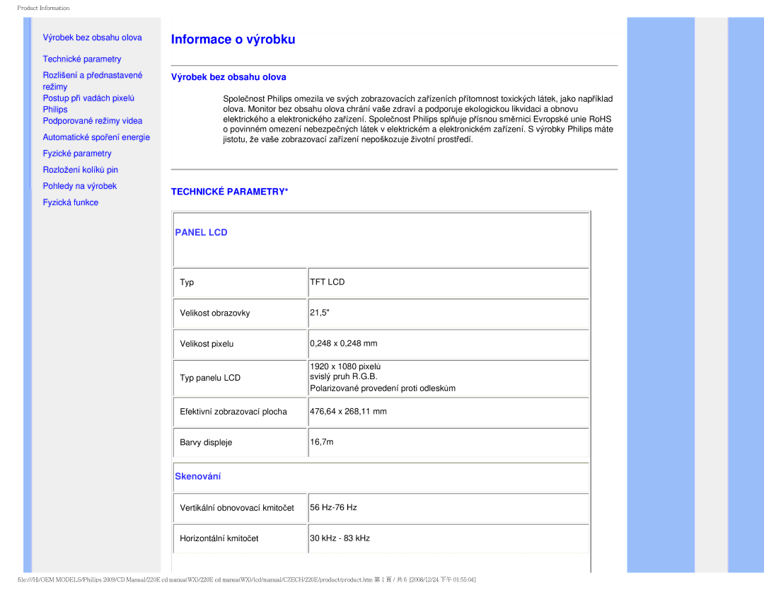 Philips 220E user manual Informace o výrobku, Výrobek bez obsahu olova 