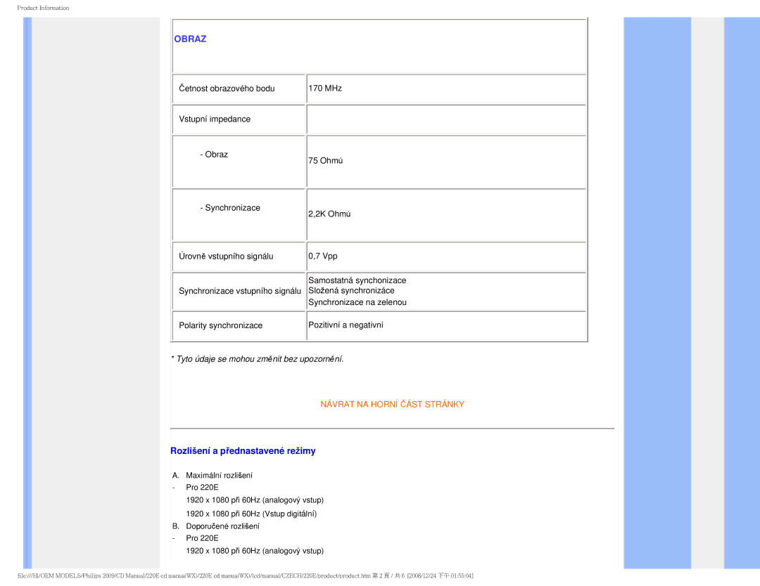 Philips 220E user manual Obraz, Rozlišení a přednastavené režimy 