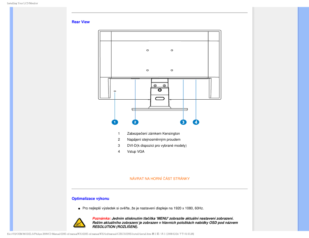 Philips 220E user manual Rear View, Optimalizace výkonu 