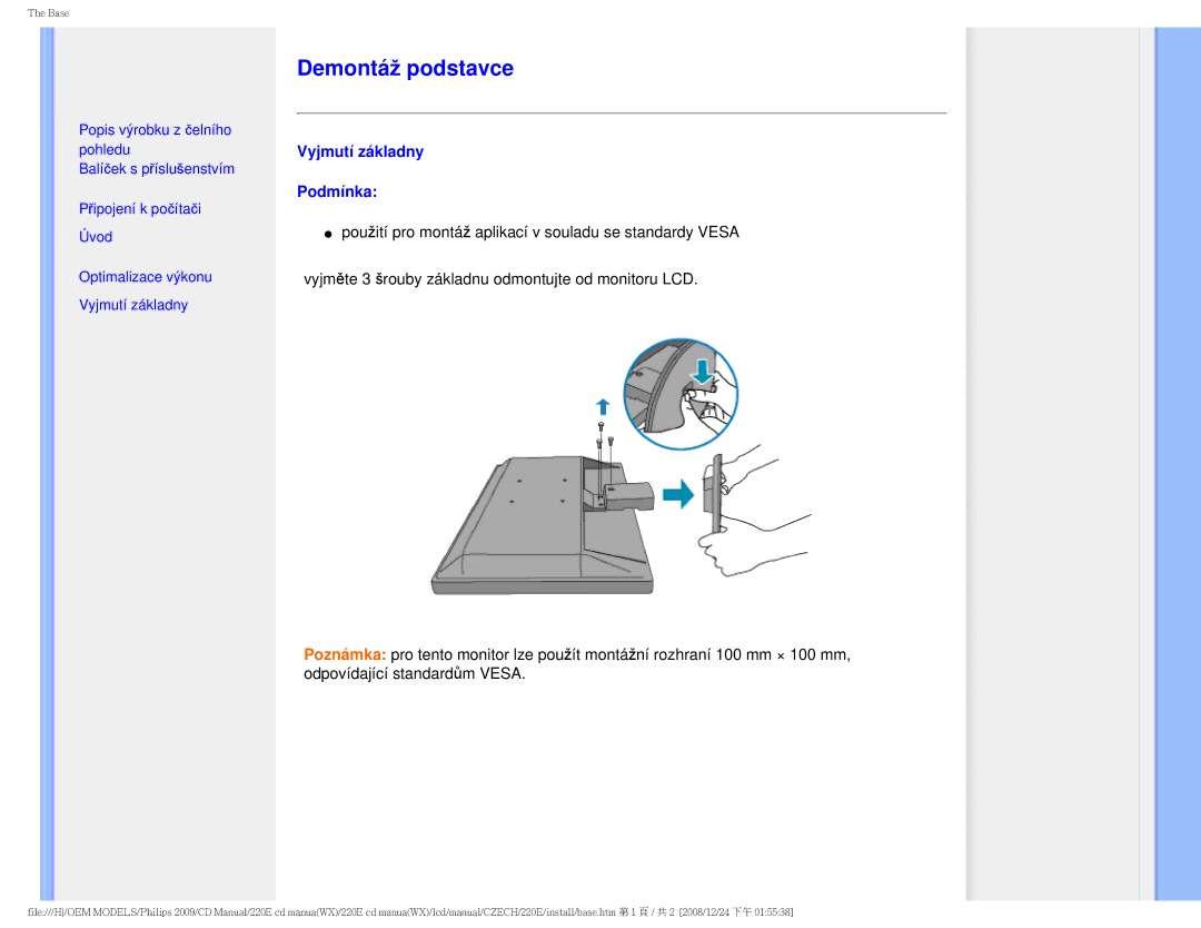 Philips 220E user manual Demontáž podstavce, Vyjmutí základny Podmínka 