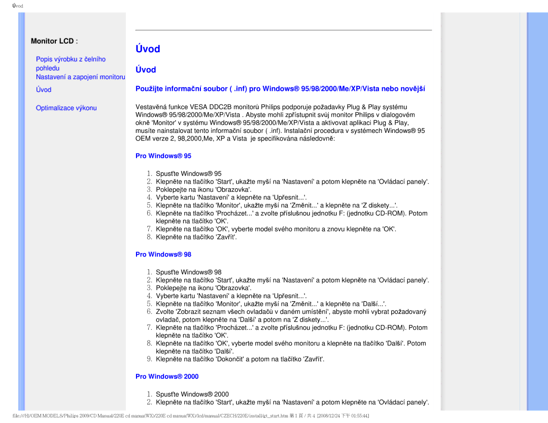 Philips 220E user manual Úvod, Pro Windows 