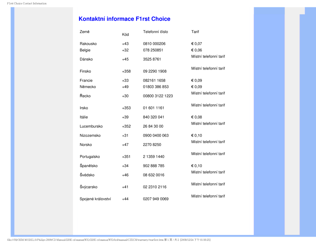 Philips 220E user manual Kontaktní informace F1rst Choice 