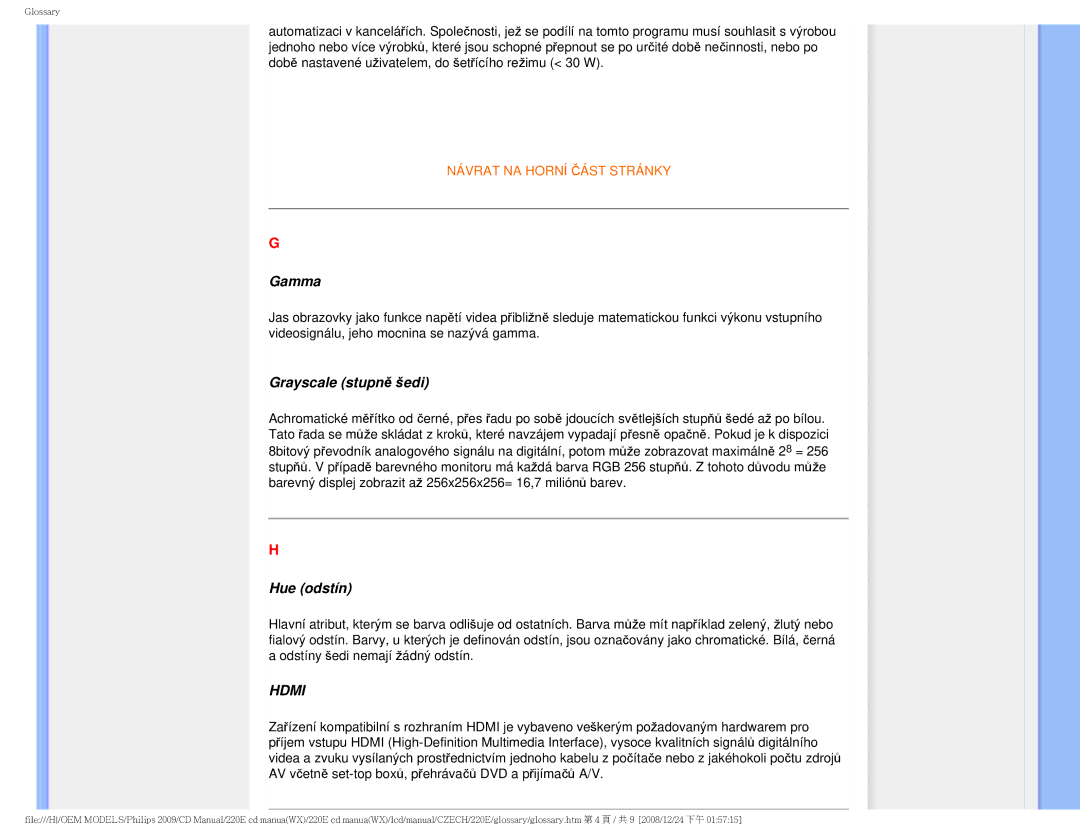 Philips 220E user manual Gamma, Grayscale stupně šedi, Hue odstín 