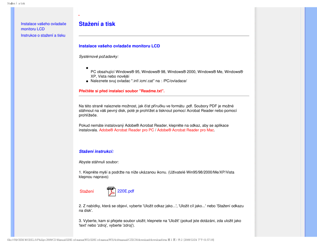 Philips 220E user manual Stažení a tisk, Instalace vašeho ovladače monitoru LCD 