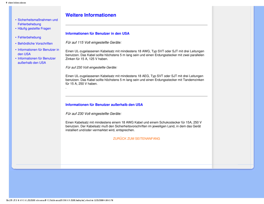 Philips 220E user manual Weitere Informationen, Informationen für Benutzer in den USA, Für auf 115 Volt eingestellte Geräte 