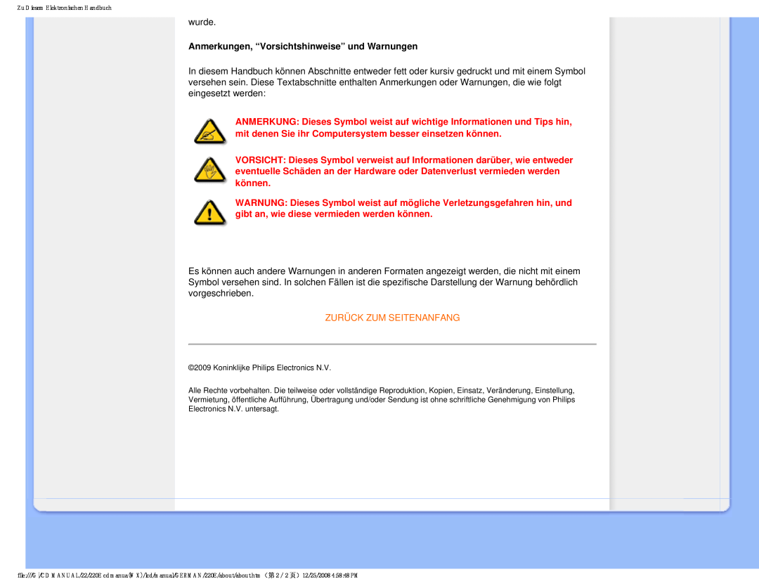 Philips 220E user manual Anmerkungen, “Vorsichtshinweise” und Warnungen, Zurück Zum Seitenanfang 
