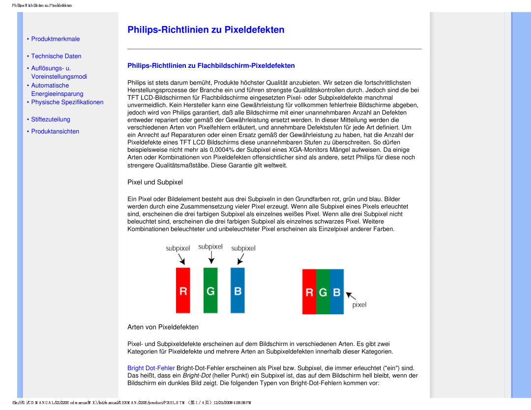 Philips 220E Philips-Richtlinienzu Pixeldefekten, Produktmerkmale Technische Daten, Auflösungs- u. Voreinstellungsmodi 
