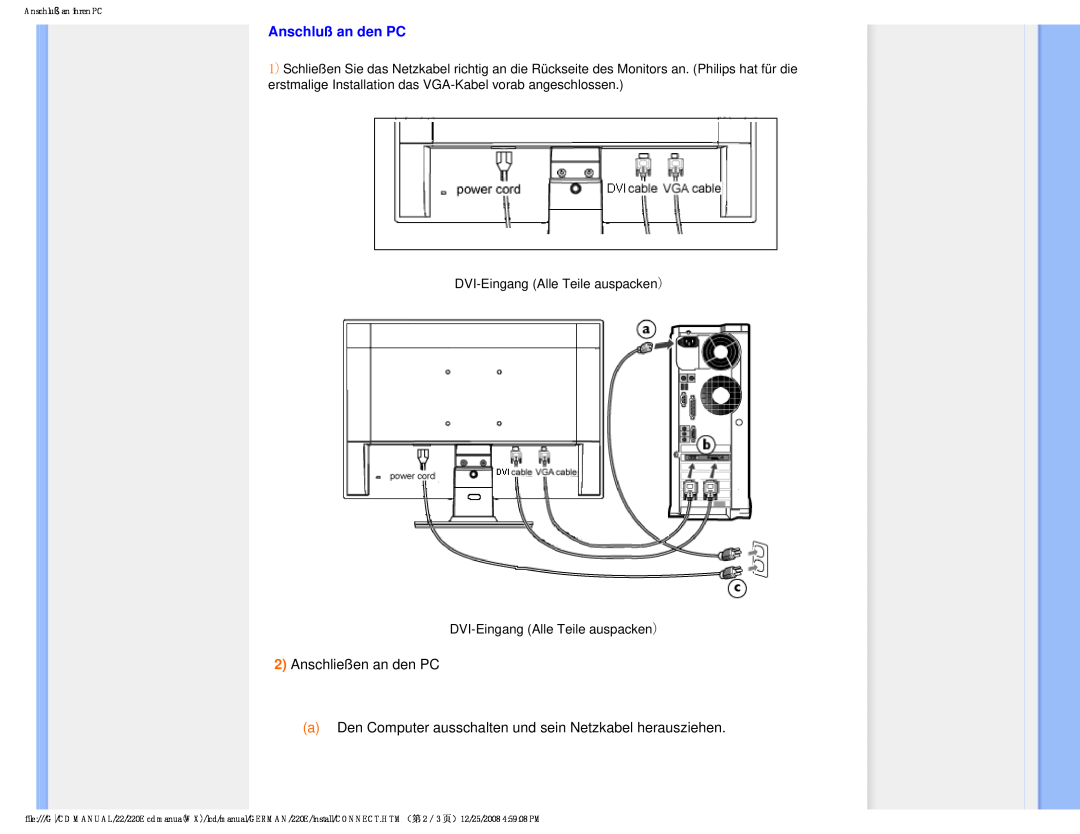 Philips 220E user manual Anschluß an den PC, 2Anschließen an den PC 