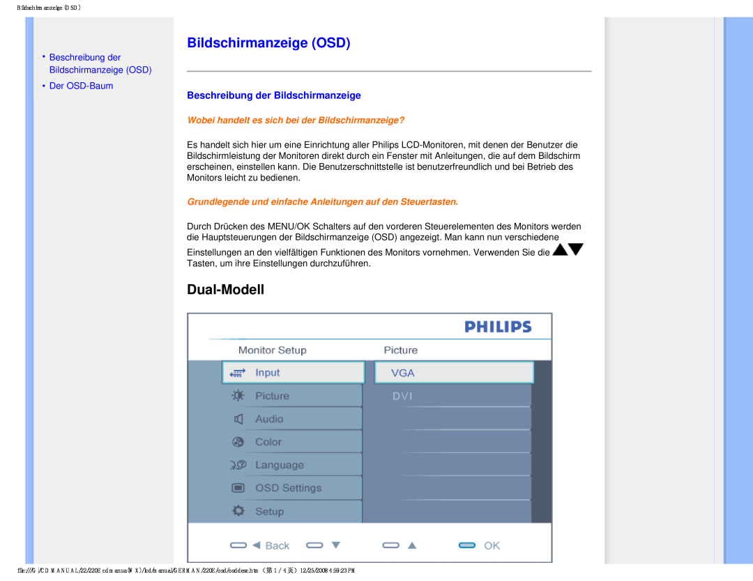 Philips 220E user manual Bildschirmanzeige OSD, Dual-Modell, Beschreibung der Bildschirmanzeige, Der OSD-Baum 