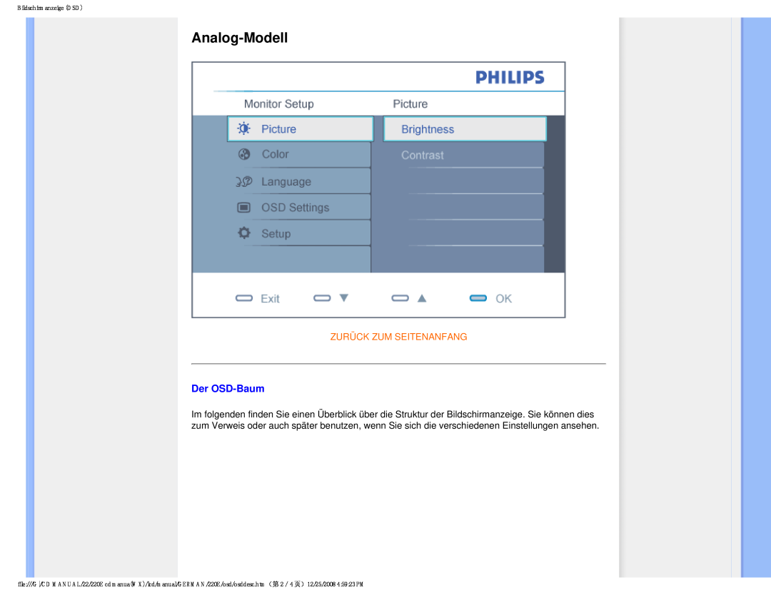 Philips 220E user manual Analog-Modell, Der OSD-Baum, Zurück Zum Seitenanfang, Bildschirmanzeige OSD 
