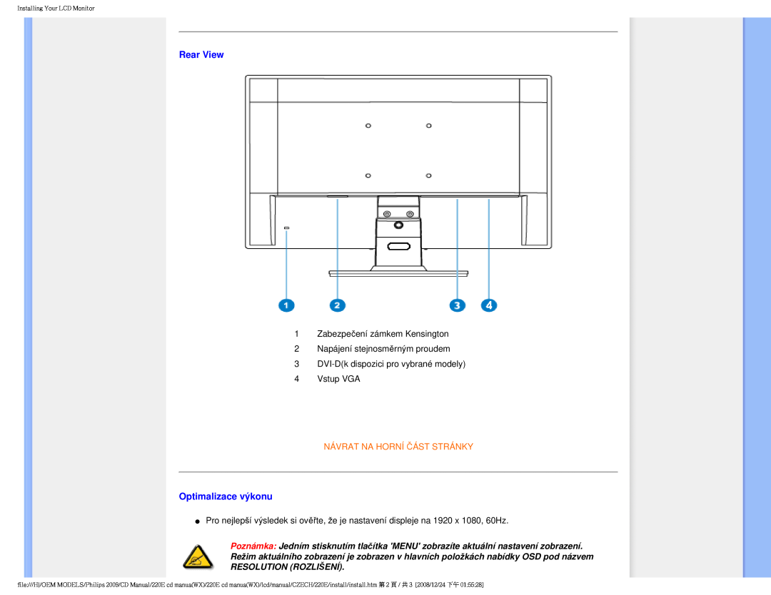Philips 220E user manual Rear View, Optimalizace výkonu, Návrat Na Horní Část Stránky 