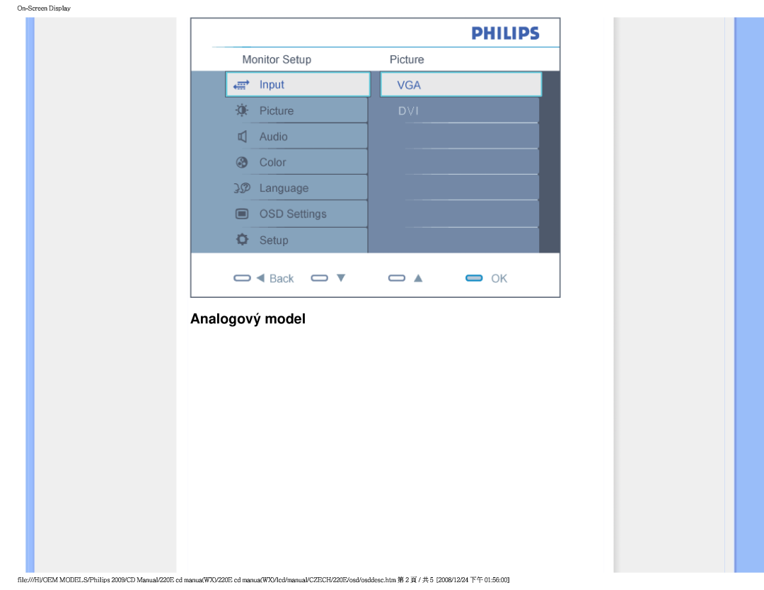 Philips 220E user manual Analogový model, On-ScreenDisplay 