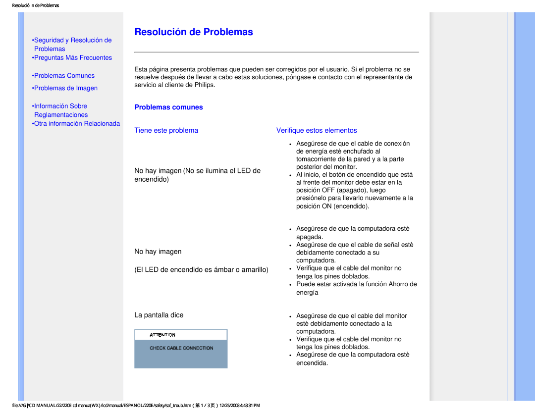 Philips 220E user manual Problemas comunes, Seguridad y Resolución de Problemas, Preguntas Más Frecuentes 