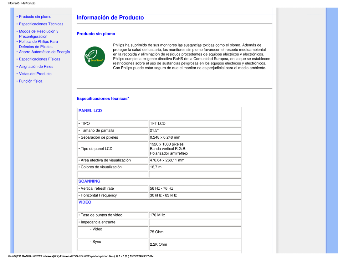 Philips 220E user manual Información de Producto, Producto sin plomo, Especificaciones técnicas, Panel Lcd, Scanning, Video 