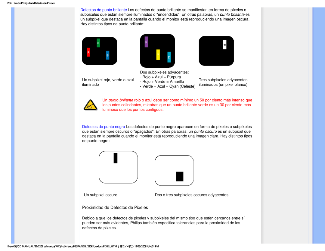 Philips 220E user manual Proximidad de Defectos de Pixeles 