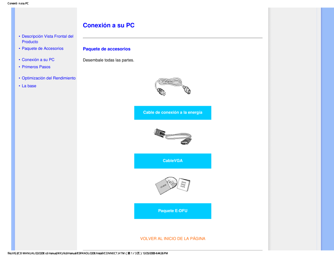 Philips 220E Conexión a su PC, Paquete de accesorios, Descripción Vista Frontal del Producto, La base, Paquete E-DFU 