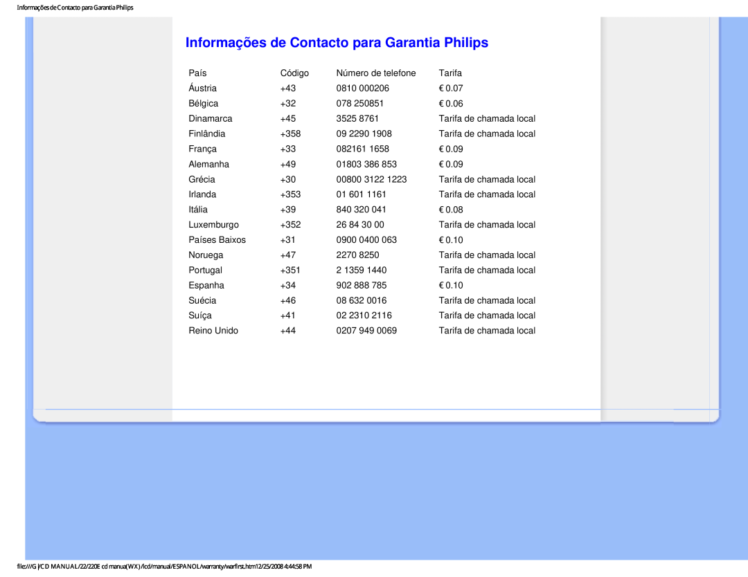 Philips 220E user manual Informações de Contacto para Garantia Philips 