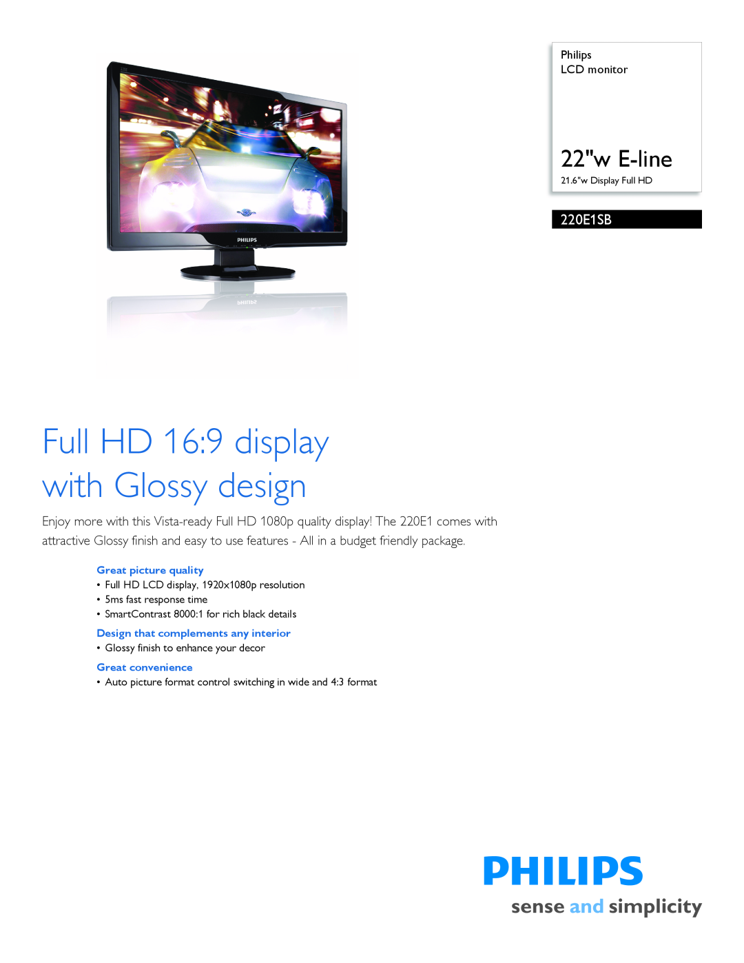 Philips 220E1SB/00 manual Philips LCD monitor, Full HD 16 9 display with Glossy design, 22w E-line 