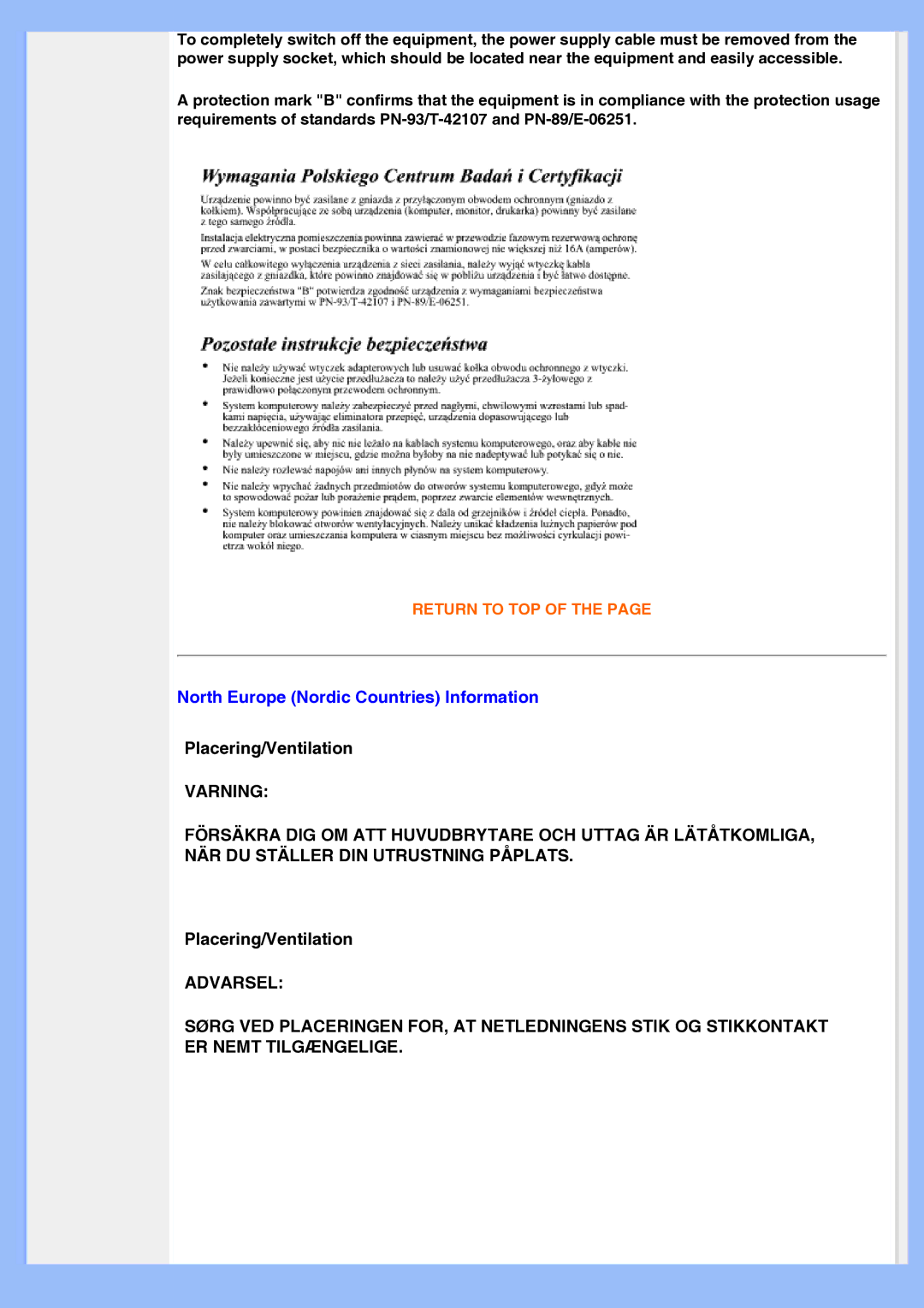 Philips 220EW8 user manual North Europe Nordic Countries Information 