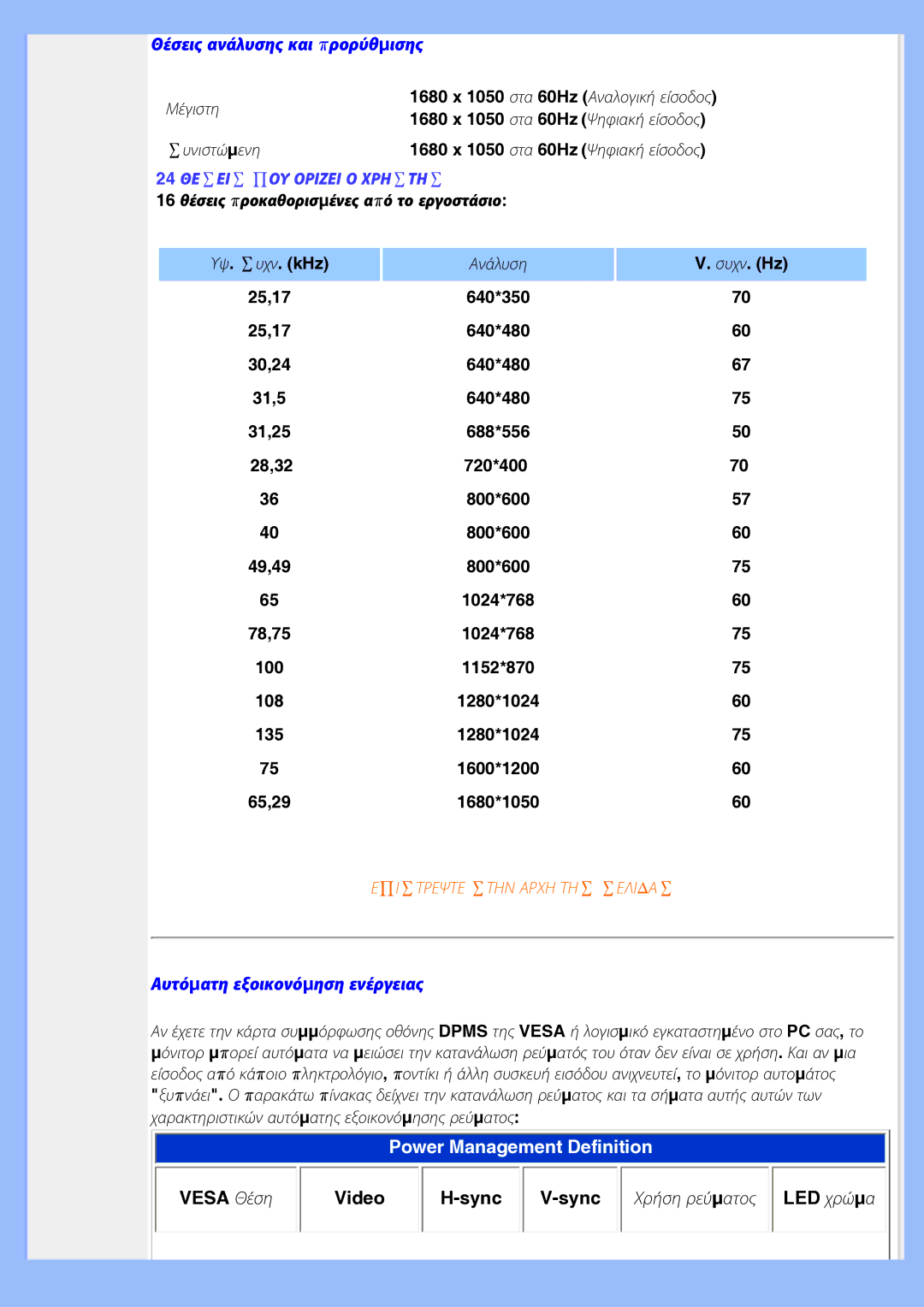 Philips 220EW8 user manual Θέσεις ανάλυσης και προρύθµισης, Αυτόµατη εξοικονόµηση ενέργειας 