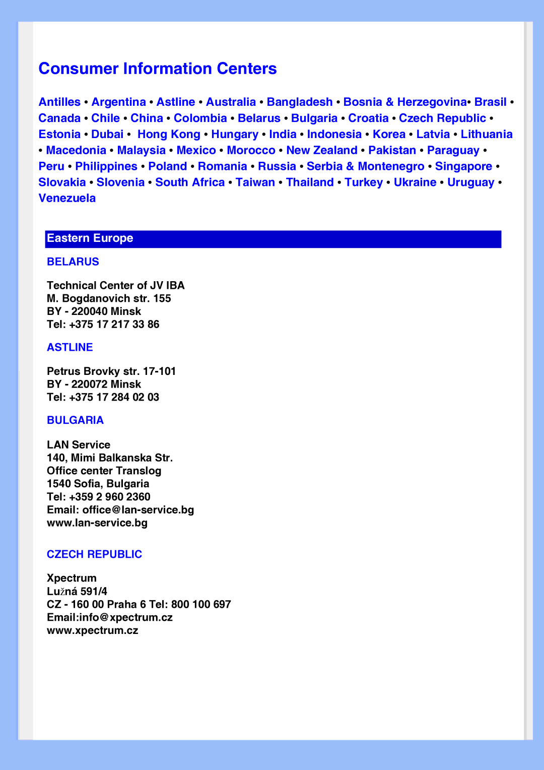 Philips 220EW8 user manual Belarus, Astline, Bulgaria, Czech Republic 