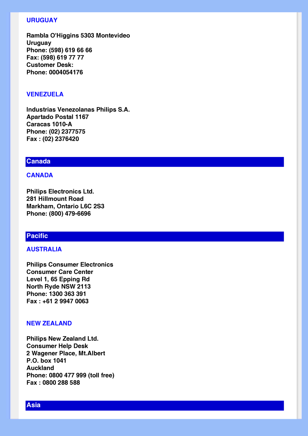 Philips 220EW8 user manual Uruguay, Venezuela, Canada, Australia, NEW Zealand 