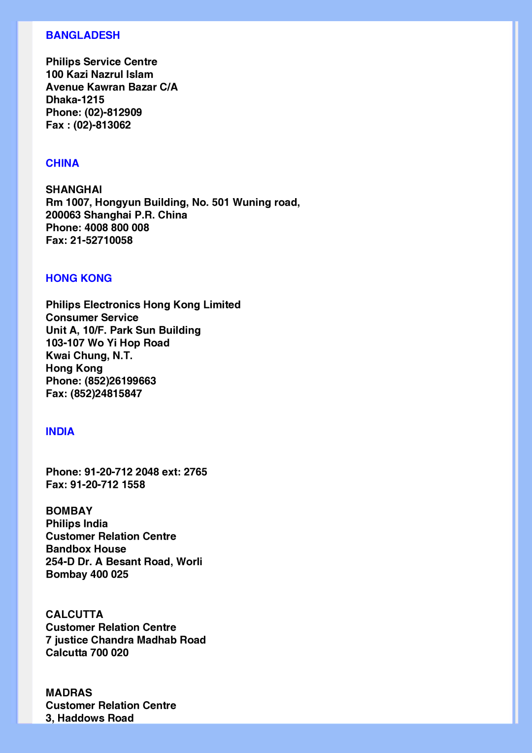 Philips 220EW8 user manual Bangladesh, China, Hong Kong, India 