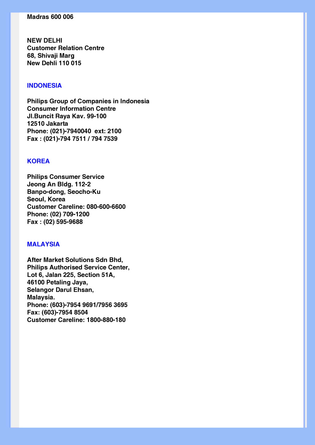 Philips 220EW8 user manual Indonesia, Korea, Malaysia 