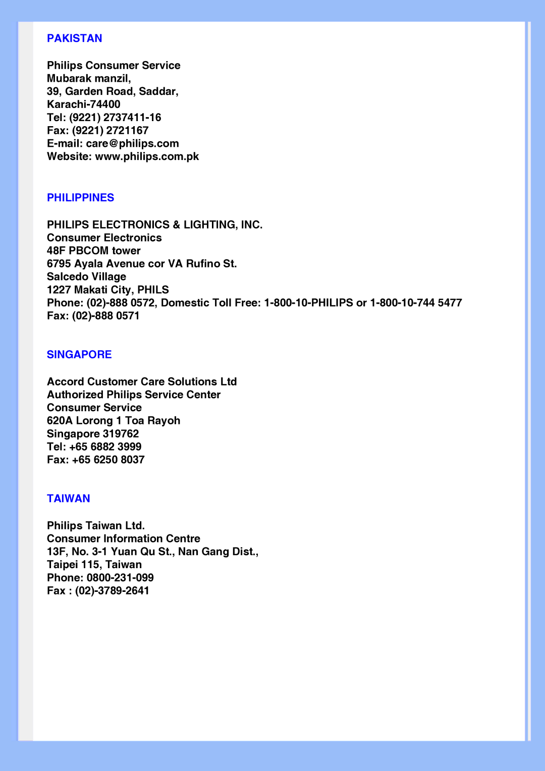 Philips 220EW8 user manual Pakistan, Philippines, Singapore, Taiwan 