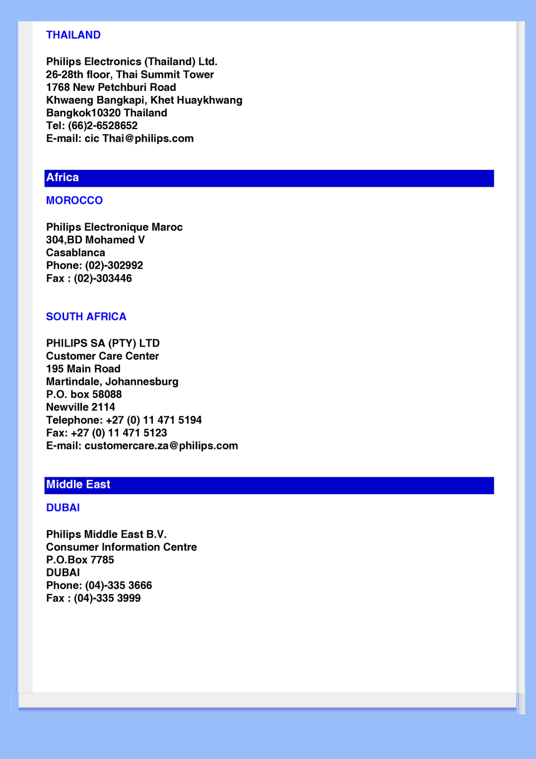 Philips 220EW8 user manual Thailand, Morocco, South Africa, Dubai 