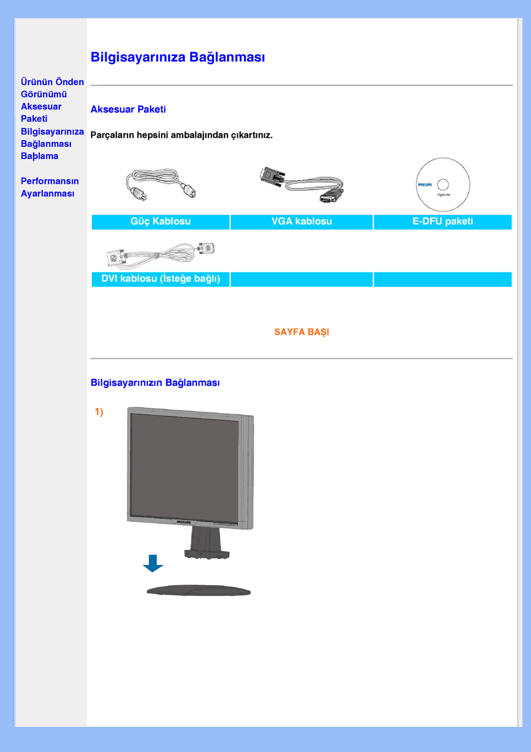 Philips 220EW8 user manual Aksesuar Paketi, Bilgisayarınızın Bağlanması 