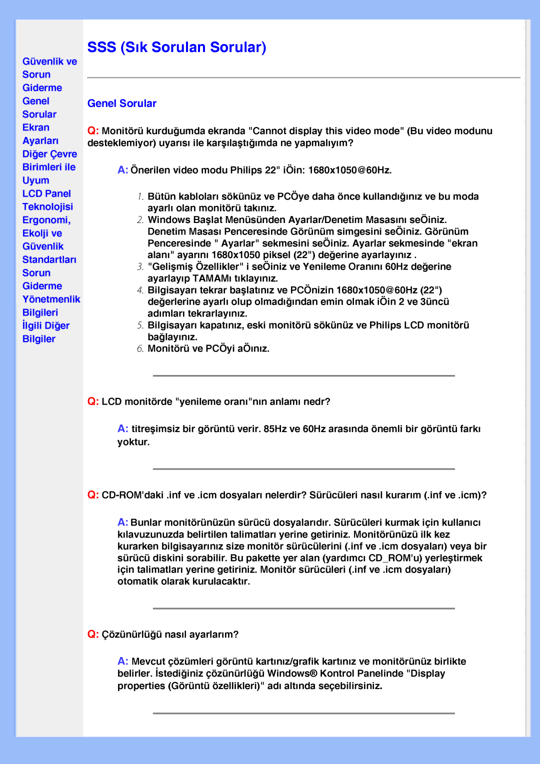 Philips 220EW8 user manual SSS Sık Sorulan Sorular, Genel Sorular 