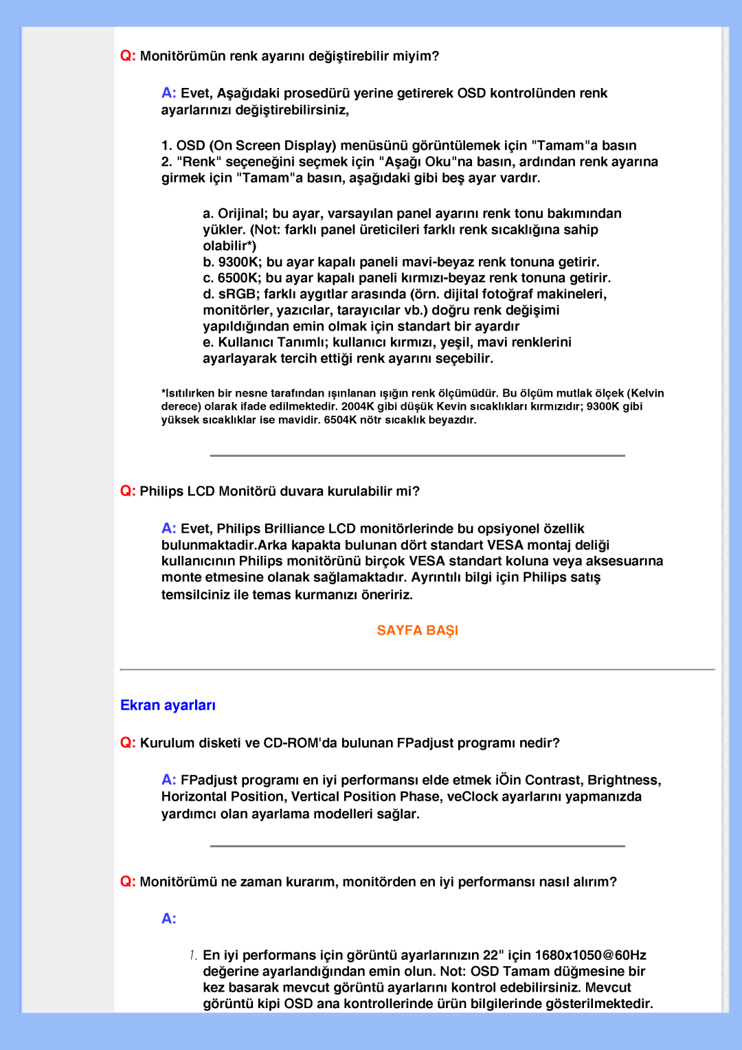 Philips 220EW8 user manual Ekran ayarları 