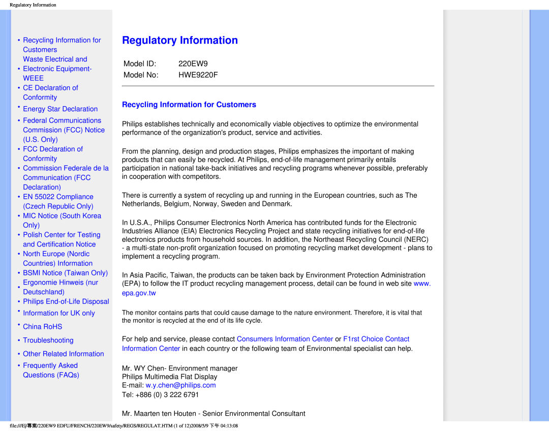 Philips 220EW9 Regulatory Information, Recycling Information for Customers, HWE9220F, Energy Star Declaration, epa.gov.tw 