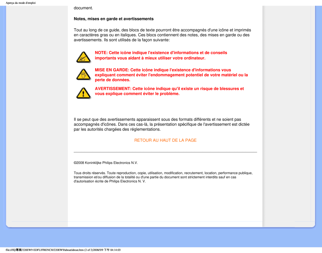 Philips 220EW9 user manual Notes, mises en garde et avertissements, Retour Au Haut De La Page 