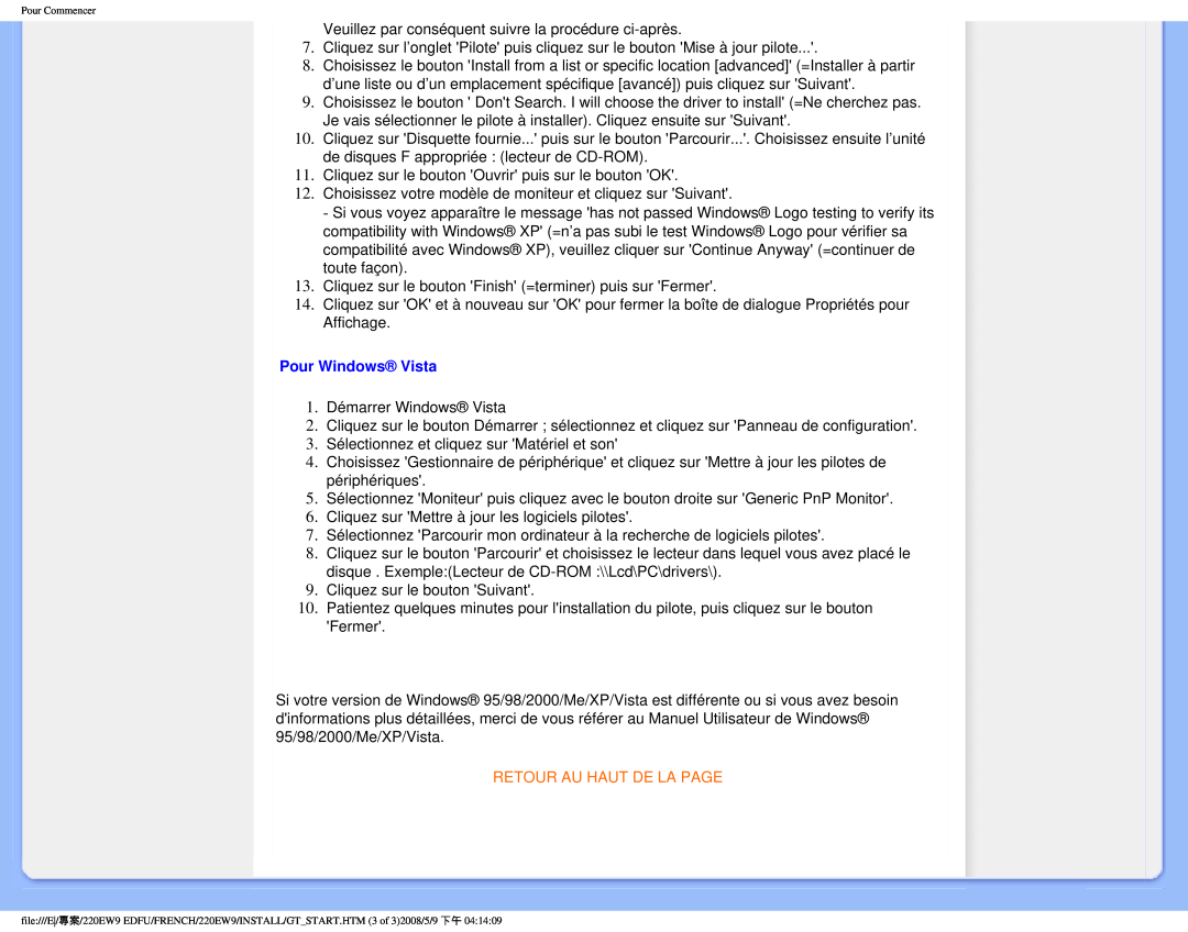 Philips 220EW9 user manual Pour Windows Vista, Retour Au Haut De La Page 