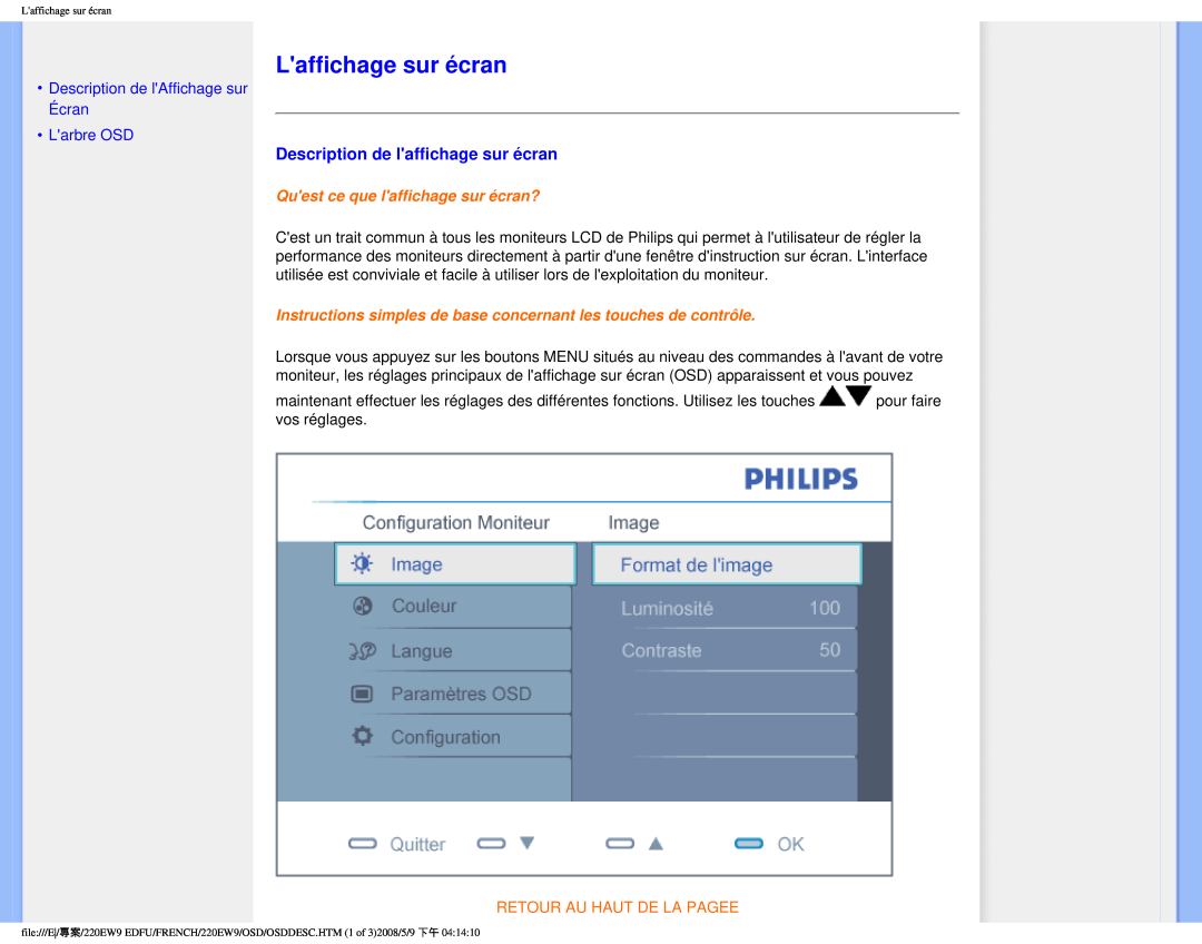 Philips 220EW9 Laffichage sur écran, Description de laffichage sur écran, Description de lAffichage sur Écran Larbre OSD 