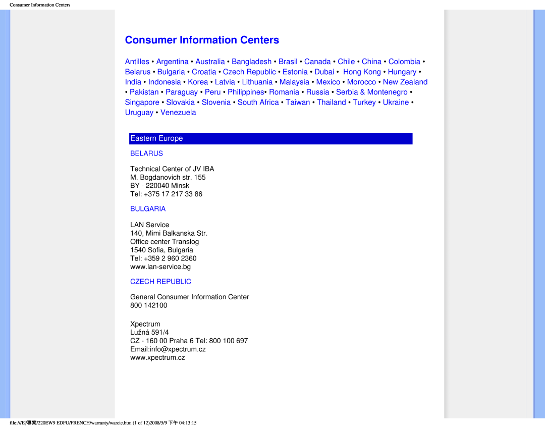 Philips 220EW9 user manual Consumer Information Centers, Eastern Europe 