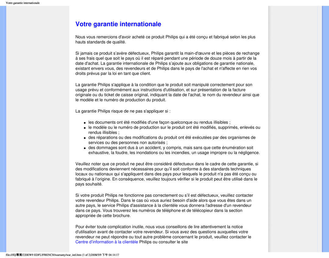 Philips user manual Votre garantie internationale, file///E/專案/220EW9 EDFU/FRENCH/warranty/warintl.htm 1 of 22008/5/9 下午 