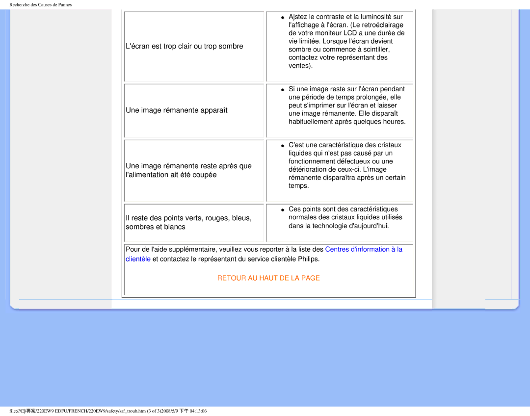 Philips 220EW9 user manual Retour AU Haut DE LA 