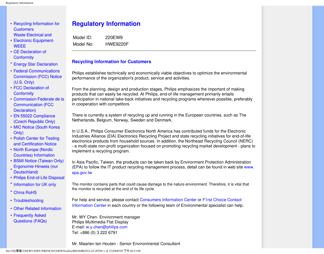 Philips 220EW9 user manual Regulatory Information, Recycling Information for Customers, Weee 