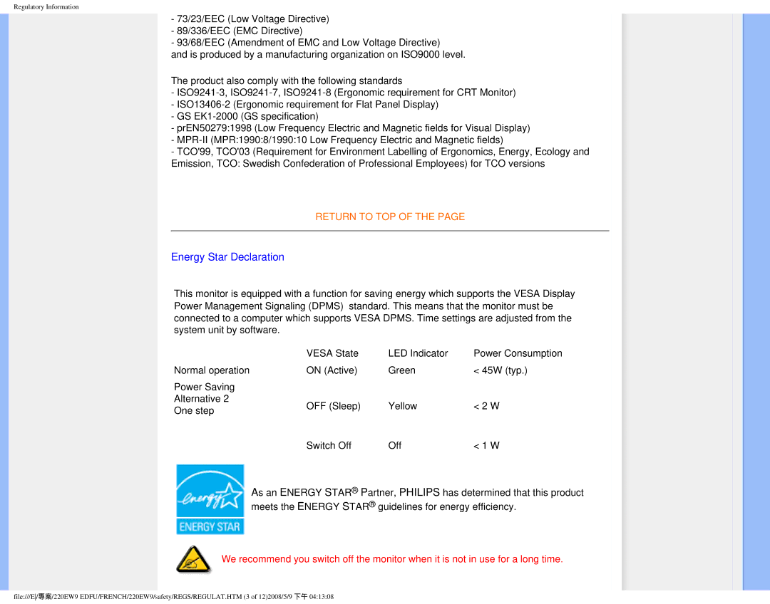 Philips 220EW9 user manual Energy Star Declaration 