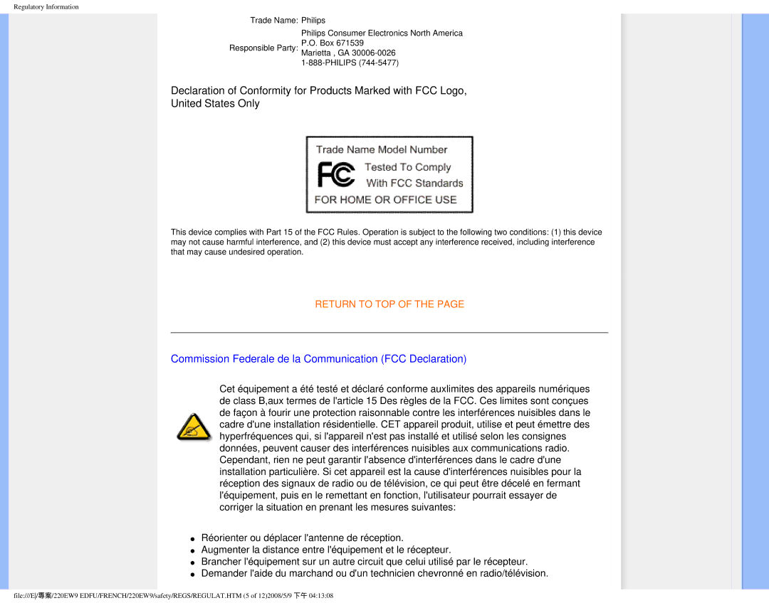 Philips 220EW9 user manual Commission Federale de la Communication FCC Declaration 