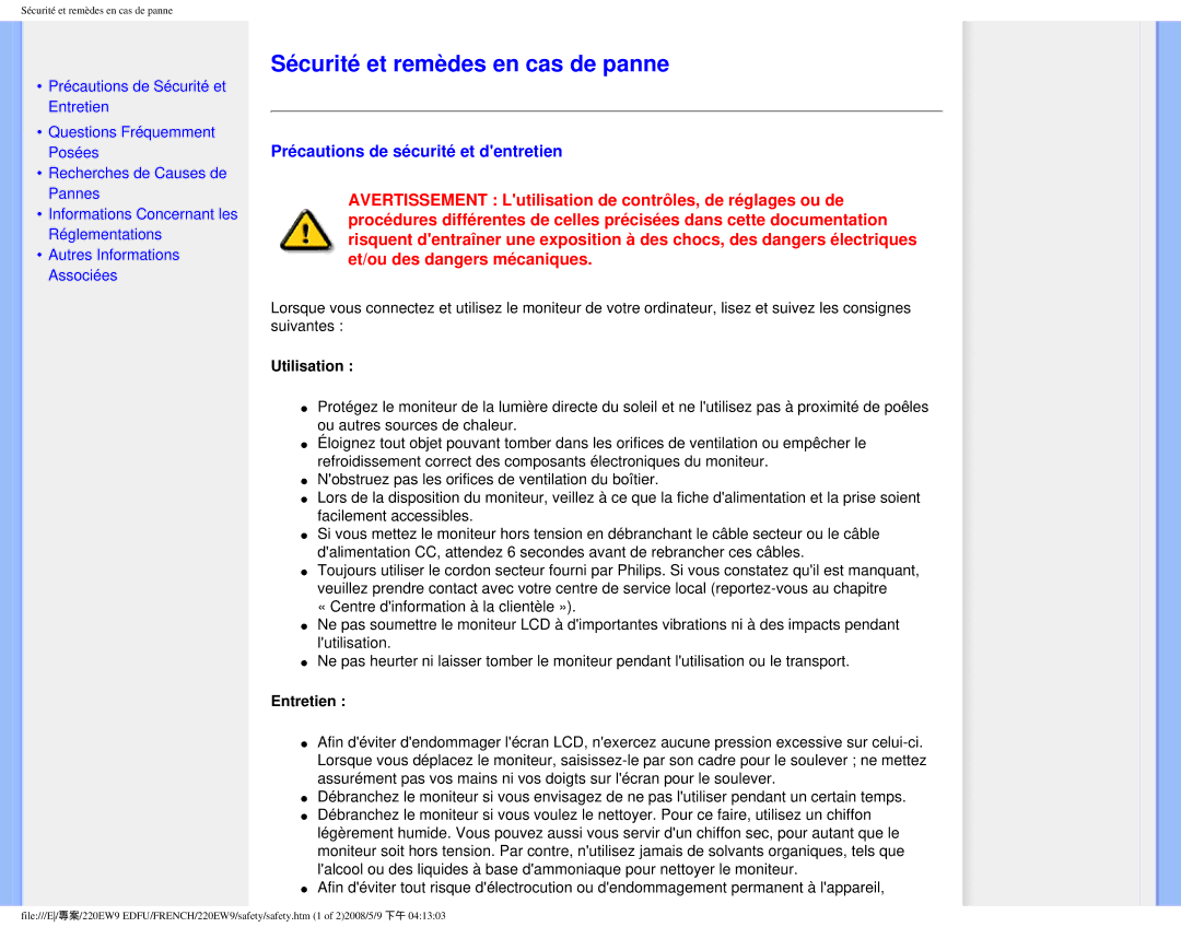 Philips 220EW9 user manual Sécurité et remèdes en cas de panne, Précautions de sécurité et dentretien 