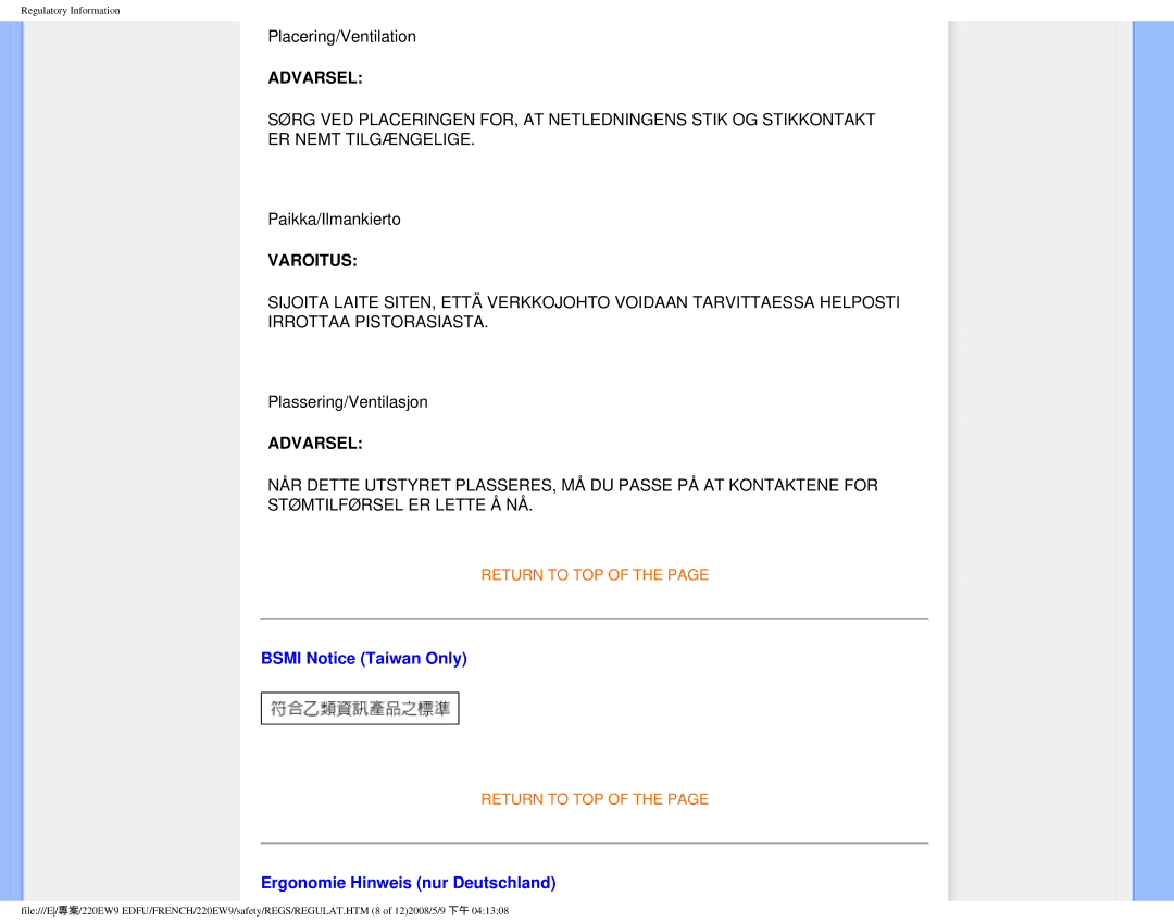Philips 220EW9 user manual Bsmi Notice Taiwan Only, Ergonomie Hinweis nur Deutschland 