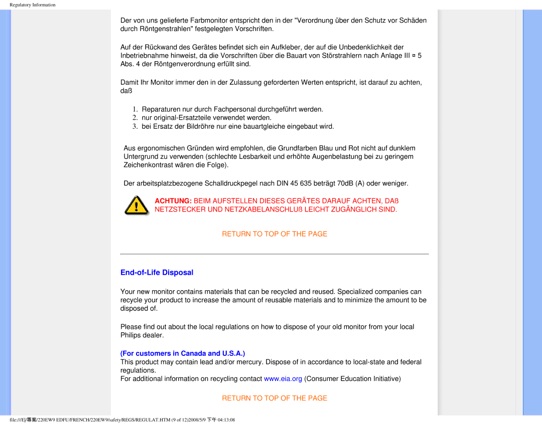 Philips 220EW9 user manual End-of-Life Disposal, For customers in Canada and U.S.A 